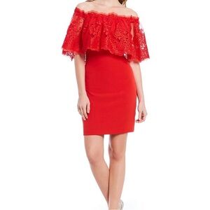 Badgley Mischka Red Off-The-Shoulder Lace Mini Dress - New - Size 14